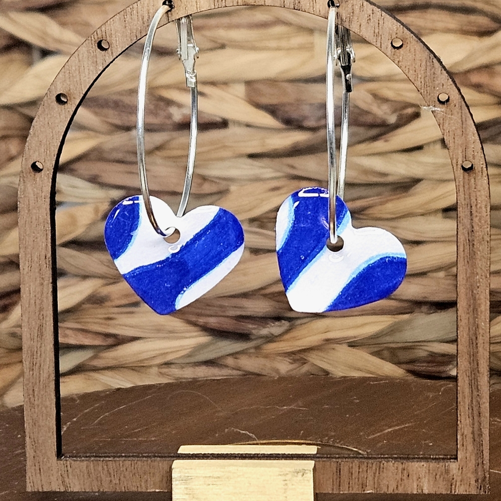 2 For$20 Blue and White Heart Hoop Earrings Hand Made